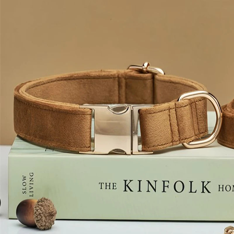 Multiple Colour Velvet Personalized Premium Dog Collar Custom Leash Engraved Pet Name Plate Metal Buckle Wedding Puppy Gift