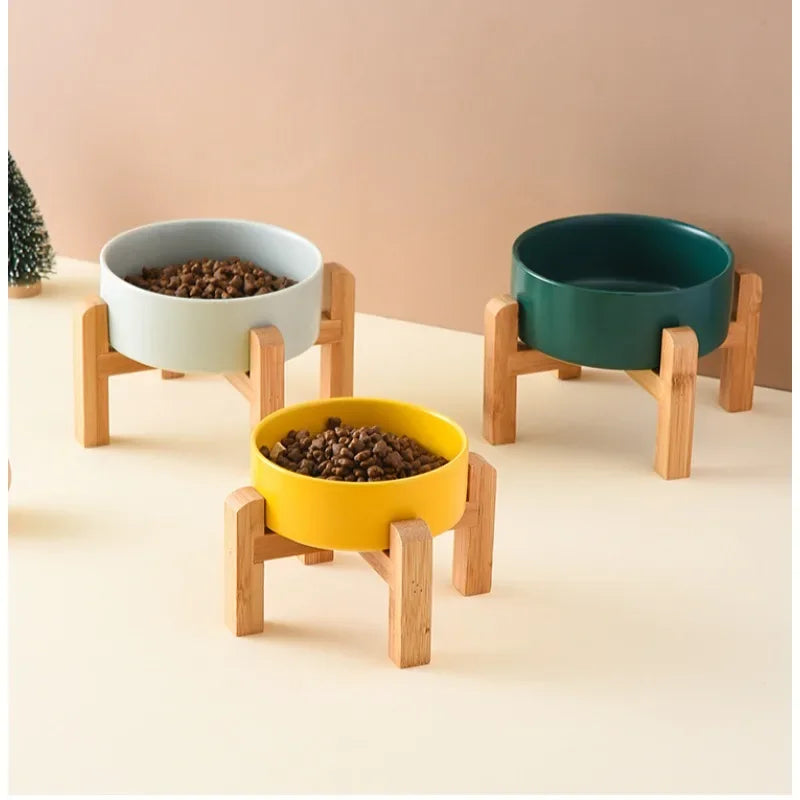 1800ml Big Dogs Bowl Double Ceramic Elevated Pet Food Water Feeders Small Medium Large Dog Feeding Supplies with Wooden Stand